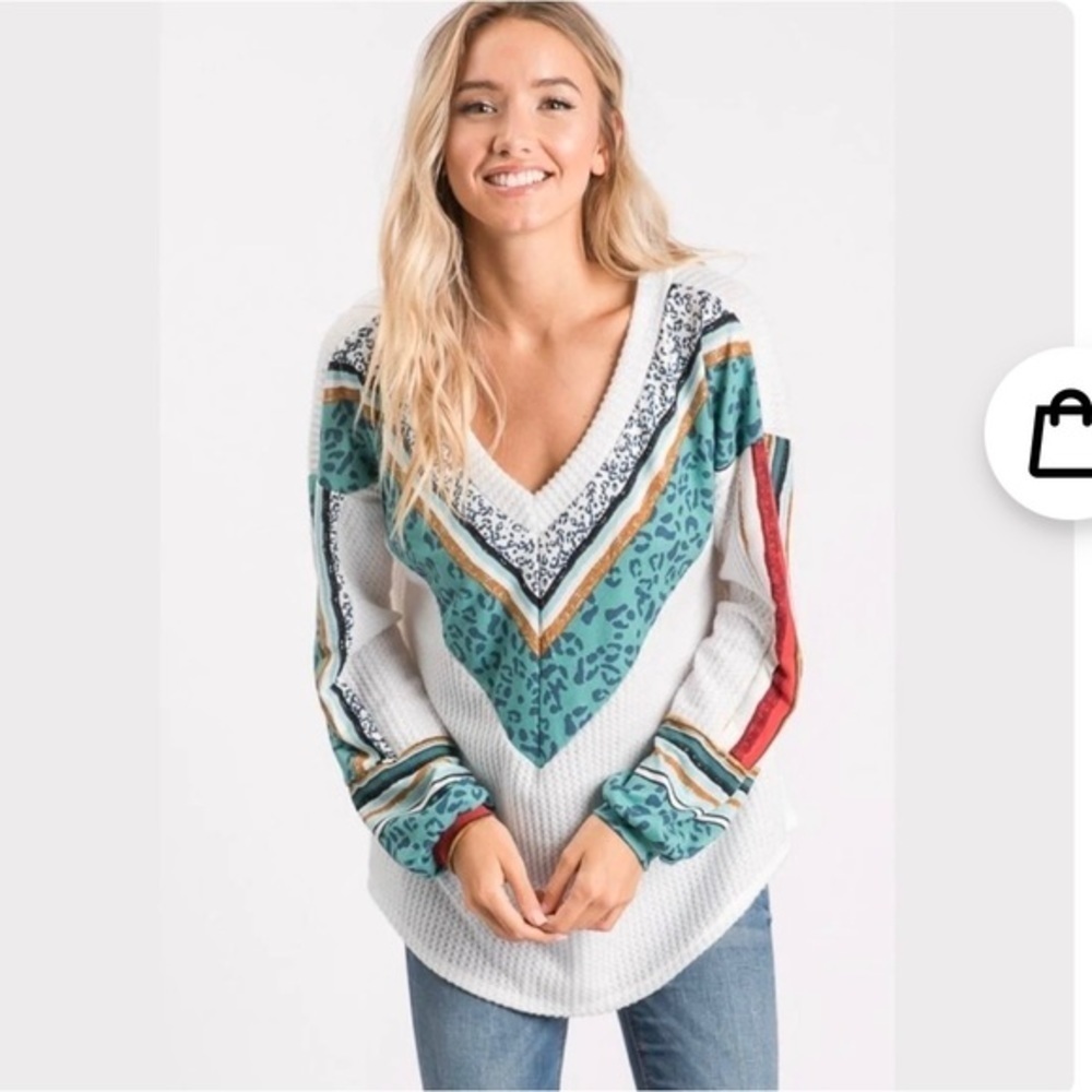 LTX White Aqua Waffle Weave Chenille Relaxed V-Neck Sweater S Boho Casual